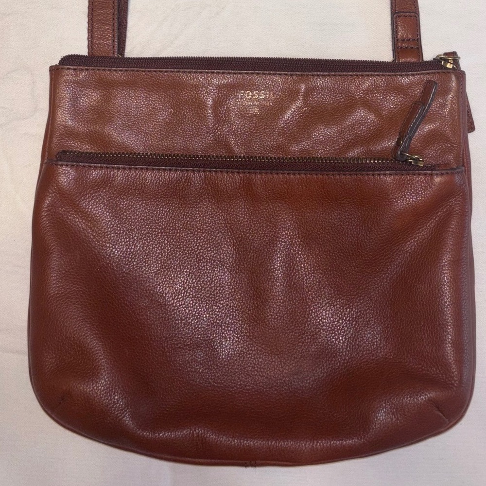 Fossil Adjustable Strap Brown Pebbled Leather Cross Body Shoulder Bag Purse Boho